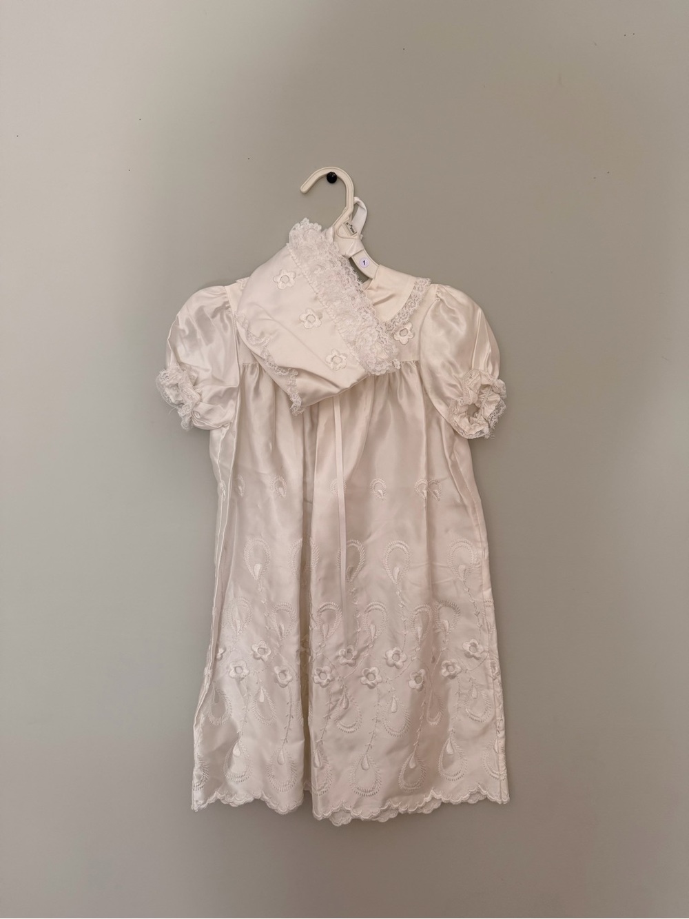 Vintage White Embroidered Baby Girls Dress with Bonnet